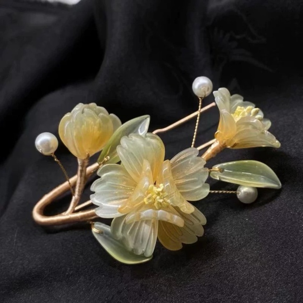 Handmade Chinese Style yellow Flower Hairpin – U-Shaped with faux Pearls‎ new